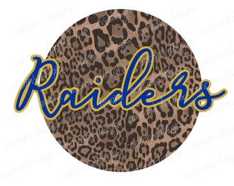Sublimation Design, Digital Download PNG File.  Leopard Circle with Royal and Gold Raiders in Script Font.