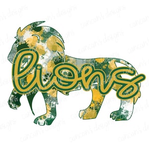 Sublimation Design, Digital Download PNG File.  Green and Gold Splatter School Spirit Mascot Lions design.