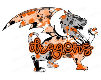 Sublimation Design, Digital Download PNG File.  Orange and Black splatter Dragons mascot design.