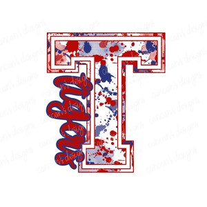 Sublimation Design, Digital Download PNG File.  Red, White, and Blue Tigers Varsity T Splatter School Spirit Mascot design.