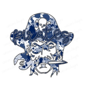 Sublimationsdesign, digitaler Download PNG-Datei.  Navy, Grey, and White School Spirit Splatter Piraten Maskottchen Design.