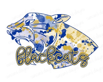 Sublimation Design, Digital Download PNG File.  Royal, White, and Gold Blackcats Splatter School Spirit Mascot design.