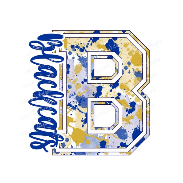 Sublimation Design, Digital Download PNG File.  Royal, White, and Gold Blackcats Varsity B Splatter School Spirit Mascot design.