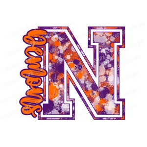 Sublimation Design, Digital Download PNG File.  Purple and Orange Demons Varsity N Splatter School Spirit Mascot design.