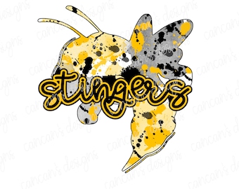 Sublimation Design, Digital Download PNG File.  Black and Yellow splatter Stingers mascot design.