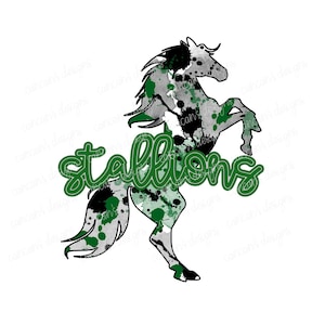 Sublimation Design, Digital Download PNG File.  Kelly Green, Gray, Black, and White Splatter Mascot Stallions design.