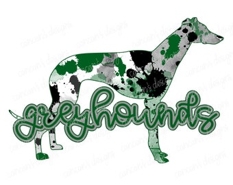 Sublimation Design, Digitaler Download PNG Datei.  Grün, Schwarz und Weiß Splatter Maskottchen Greyhounds Design.