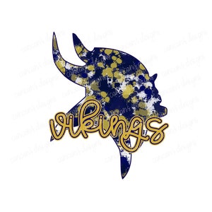 Sublimation Design, Digital Download PNG File.  Navy and Gold splatter featuring Vikings school spirit mascot design.