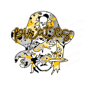 Sublimationsdesign, digitaler Download PNG-Datei.  Schwarz, Gold, Grau und Weiß Schulgeist Splatter Piraten Maskottchen Design.
