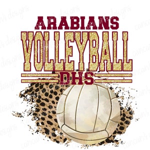 May include: Gold glitter volleyball graphic with the text "Arabians Volleyball DHS" in maroon. The graphic is set against a brown and black leopard print background with a white volleyball.