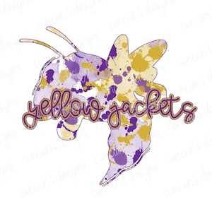 Sublimation Design, Digital Download PNG File.  Purple and Yellow splatter Yellow Jackets mascot design.