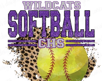 Sublimation Design, Digital Download PNG File.  Purple and Silver CHS Wildcats Softball Leopard Splash Glitter design.