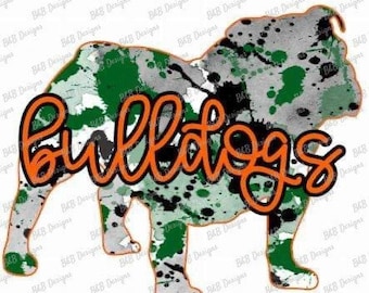 Sublimation Design, Digital Download PNG File.  Orange and Green Splatter Bulldogs design.
