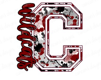 Sublimation Design, Digital Download PNG File.  Maroon and Black Splatter Varsity C School Spirit Mascot Wildcats Design.
