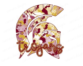 Sublimation Design, Digital Download PNG File.  Maroon and Gold splatter featuring Trojans school spirit mascot design.