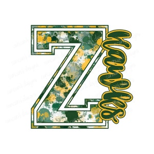 Sublimation Design, Digital Download PNG File.  Green and Gold Splatter Varsity Z School Spirit Mascot Hawks Design.