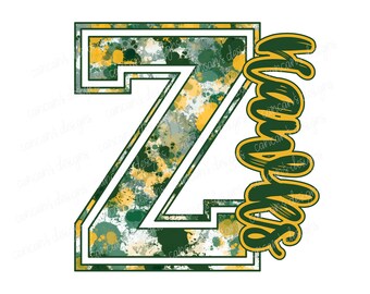 Sublimation Design, Digital Download PNG File.  Green and Gold Splatter Varsity Z School Spirit Mascot Hawks Design.