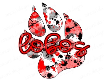Sublimation Design, Digital Download PNG File.  Red and Black splatter Lobos Spirit Wolf, Wolves, Timberwolves Paw/Claw Print mascot design.