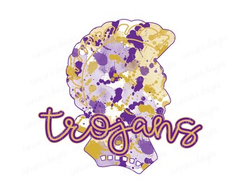 Sublimation Design, Digital Download PNG File. Purple and Gold School Spirit Mascot Trojans Splatter design.