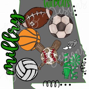 Sublimationsdesign, digitaler Download PNG-Datei.  Bundesstaat Alabama mit Schulsport Wildcats Millry High School.