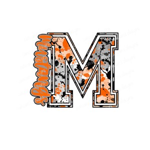 Sublimation Design, Digital Download PNG File.  Black and Orange Mustangs Varsity M Splatter School Spirit Mascot design.