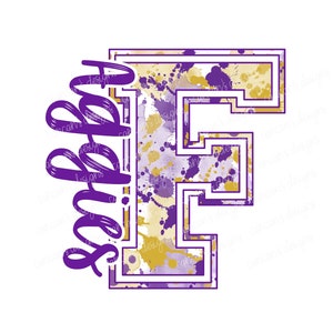 Diseño de sublimación, archivo PNG de descarga digital. Diseño de mascota de la escuela Aggies con salpicaduras de color morado y dorado.