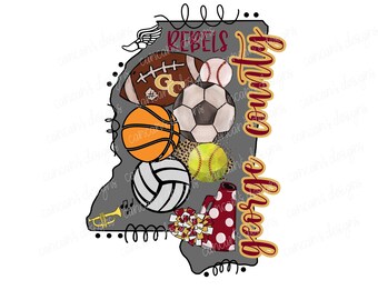 Sublimation Design, Digital Download PNG File. State of Mississippi featuring school sports, band, and cheer for mascot Rebels Lucedale, MS.