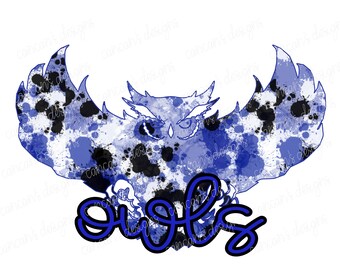Sublimation Design, Digital Download PNG File.  Royal, Black, and White School Spirit Splatter Mascot Owls design.