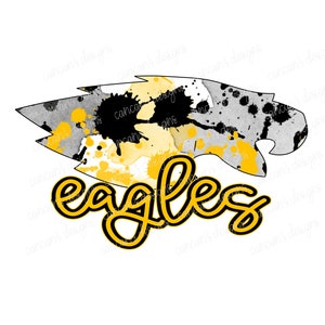 Sublimation Design, Digital Download PNG File.  Black and Gold Splatter Mascot Eagles School Spirit design.