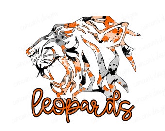 Sublimation Design, Digital Download PNG File.  Black and Orange Leopards Splatter School Spirit Mascot design.