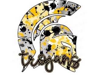 Sublimation Design, Digital Download PNG File.  Black and Gold splatter featuring Trojans school spirit mascot design.