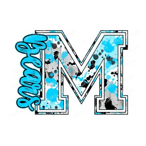 Sublimation Design, Digital Download PNG File.  Bright Blue and Black Bears Varsity M Splatter School Spirit Mascot design.