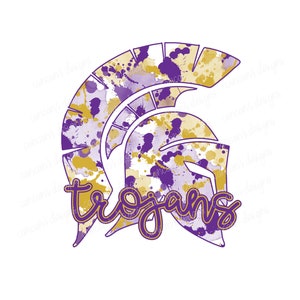 Sublimation Design, Digital Download PNG File.  Purple and Gold splatter featuring Trojans school spirit mascot design.