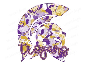 Sublimation Design, Digital Download PNG File.  Purple and Gold splatter featuring Trojans school spirit mascot design.
