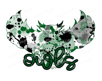 Sublimation Design, Digital Download PNG File.  Green, Black, and White School Spirit Splatter Mascot Owls design.