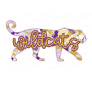 Sublimation Design, Digital Download PNG File.  Purple and Gold Splatter School Spirit Mascot Wildcats design.
