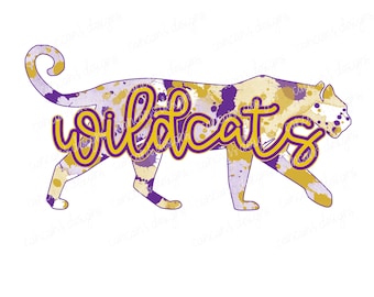 Sublimation Design, Digital Download PNG File.  Purple and Gold Splatter School Spirit Mascot Wildcats design.