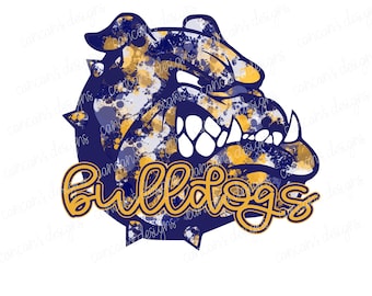 Sublimation Design, Digital Download PNG File.  Navy and Athletic Yellow Gold School Spirit Splatter Mascot Bulldogs design.