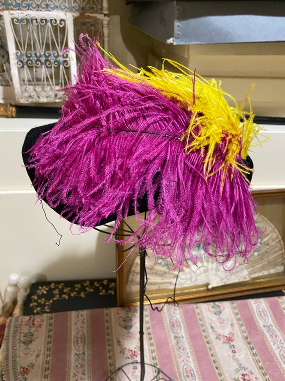 Feathered Antique Hat. Wonderful Chartreuse and fu