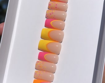 Colored French | Pink | Orange | Yellow | Polka Dots | Handmade | Press On Nails