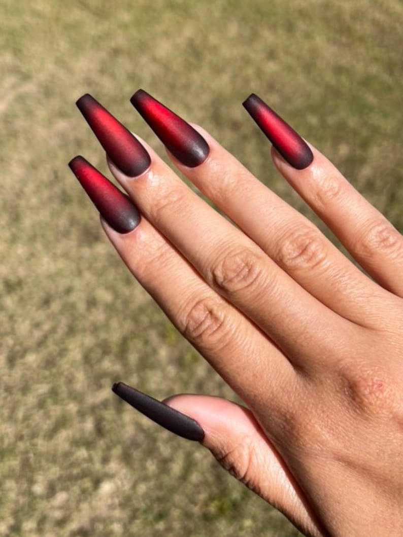 Tinted Cat Eye Polish Red Black Velvet Matte Handmade Press On Nails image 3