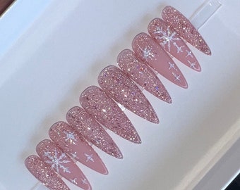 Pink Holiday Nails | Reflective Glitter | 3D Snowflakes | Christmas | Handmade | Custom | Press on Nails