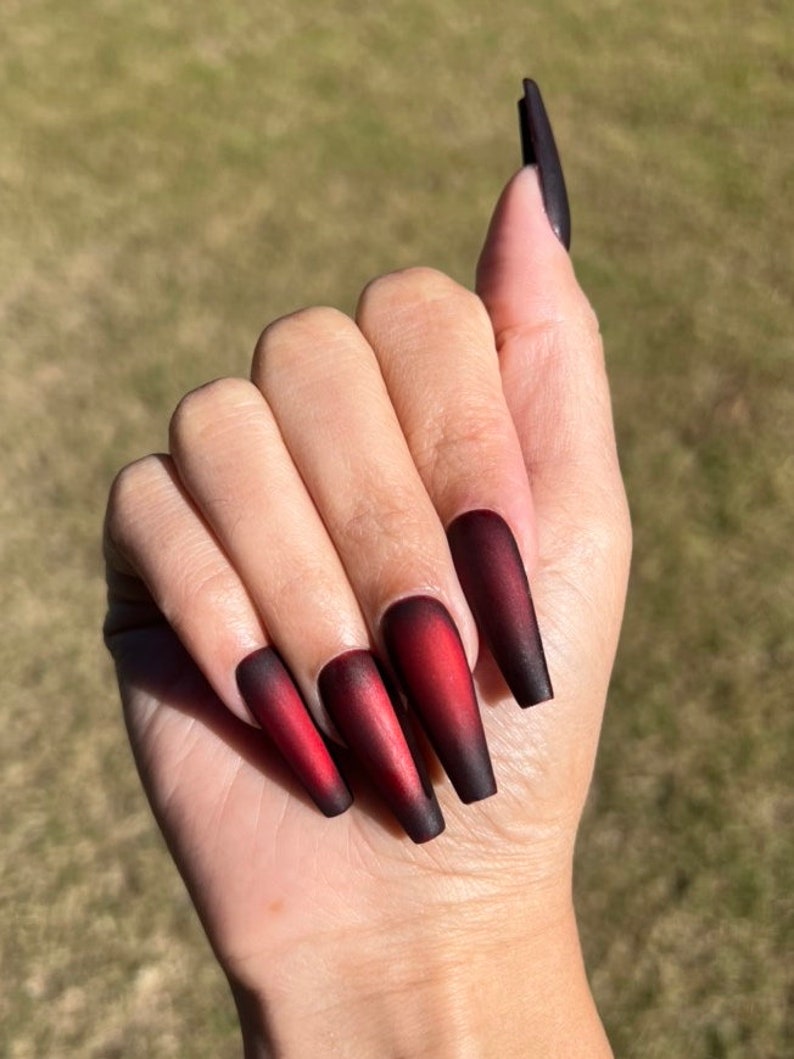 Tinted Cat Eye Polish Red Black Velvet Matte Handmade Press On Nails image 4