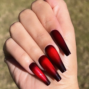 Tinted Cat Eye Polish Red Black Velvet Matte Handmade Press On Nails image 2