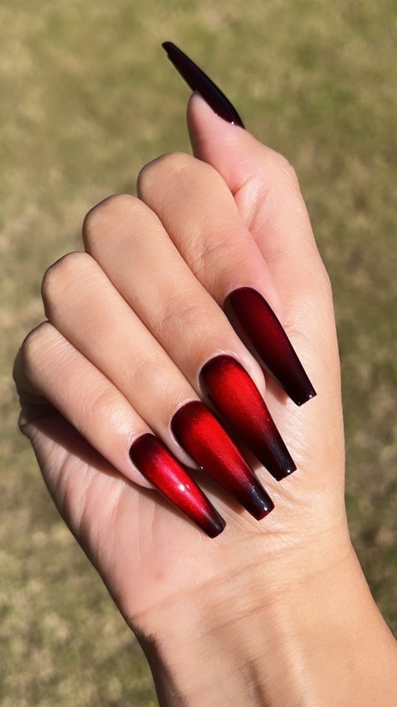 Tinted Cat Eye Polish Red Black Velvet Matte Handmade Press On Nails image 2