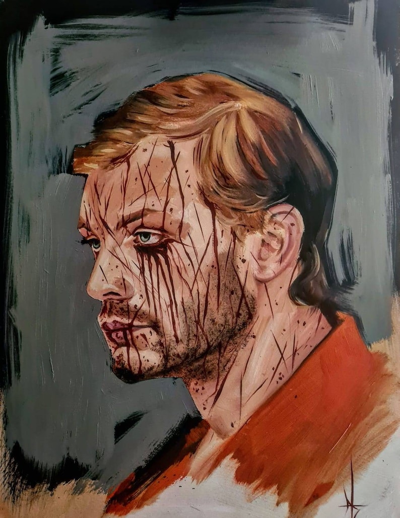 May include: A painting of a man with a bloody face and orange shirt. The man has a distressed look on his face and is covered in blood. The background is a dark gray.