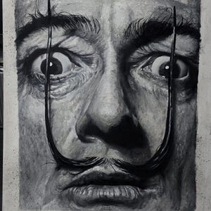 May include: Black and white portrait painting of a man with a distinctive mustache and intense gaze. The artwork captures the subject's facial features in detail, with emphasis on the eyes and mustache. The painting is on a canvas.