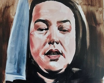 May include: A painting of a woman with dark hair holding a large knife. She is wearing a dark robe and has a serious expression on her face.