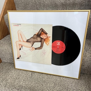 May include: Framed vintage vinyl record and album cover art. The album cover features a woman in a sheer bodysuit. The record is black with a red label. The frame is gold-colored.
