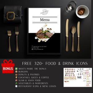 Paquete de menú de restaurante / Portada de menú + Plantilla de menú / Menú de cena minimalista y elegante / Más de 350 ilustraciones PNG de comida adicionales / Descarga digital